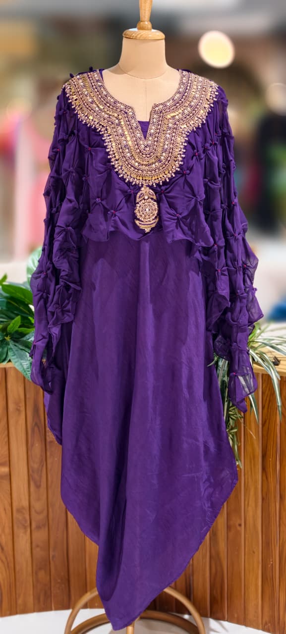 Ruffled Pleated Unique Look Sequin Handwork Yoke Indo-Western High-Low Cape With Inner - 13247