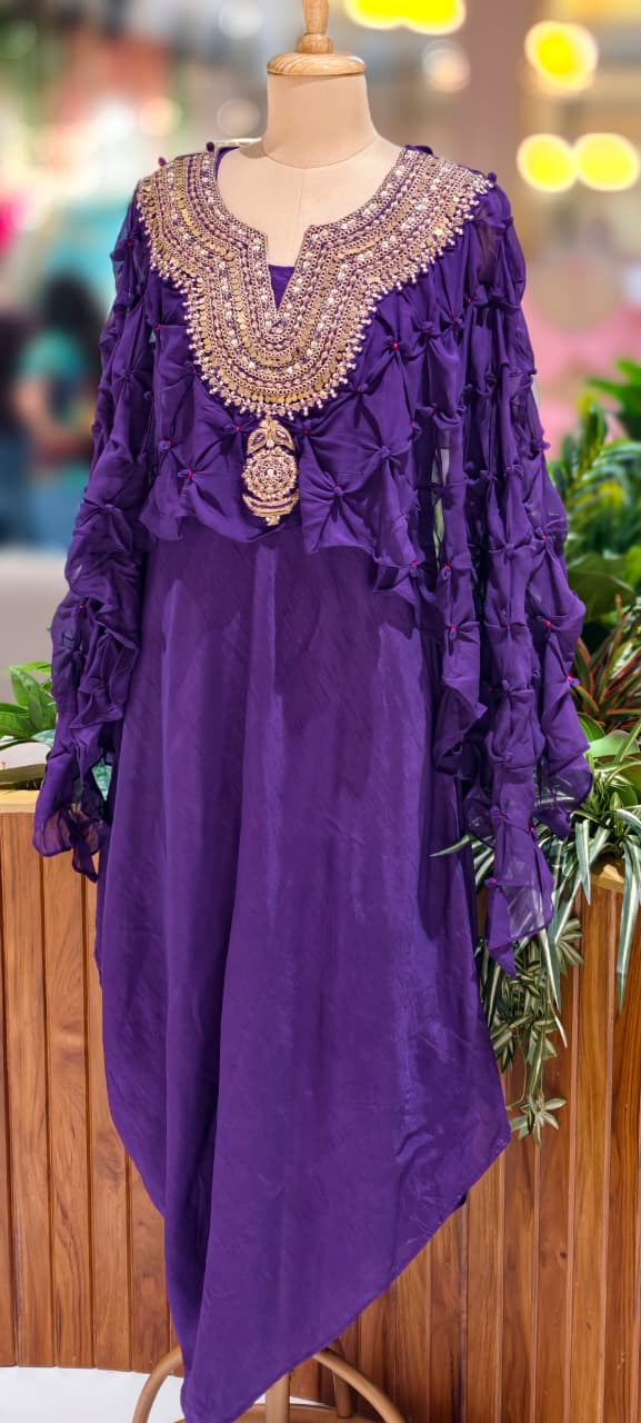 Ruffled Pleated Unique Look Sequin Handwork Yoke Indo-Western High-Low Cape With Inner - 13247