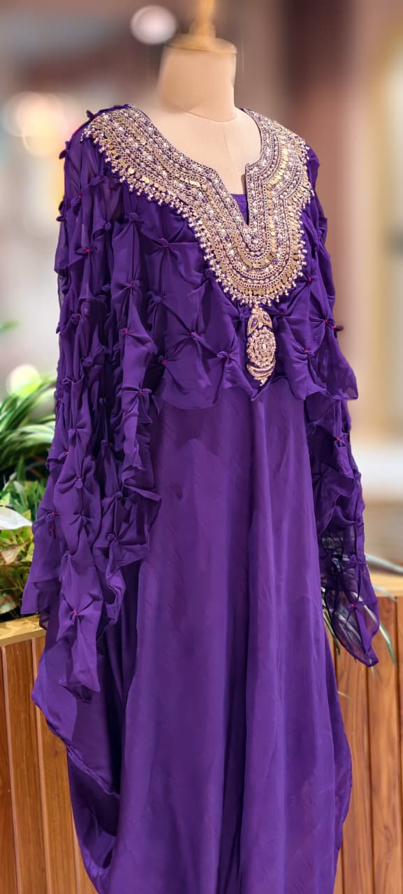 Ruffled Pleated Unique Look Sequin Handwork Yoke Indo-Western High-Low Cape With Inner - 13247