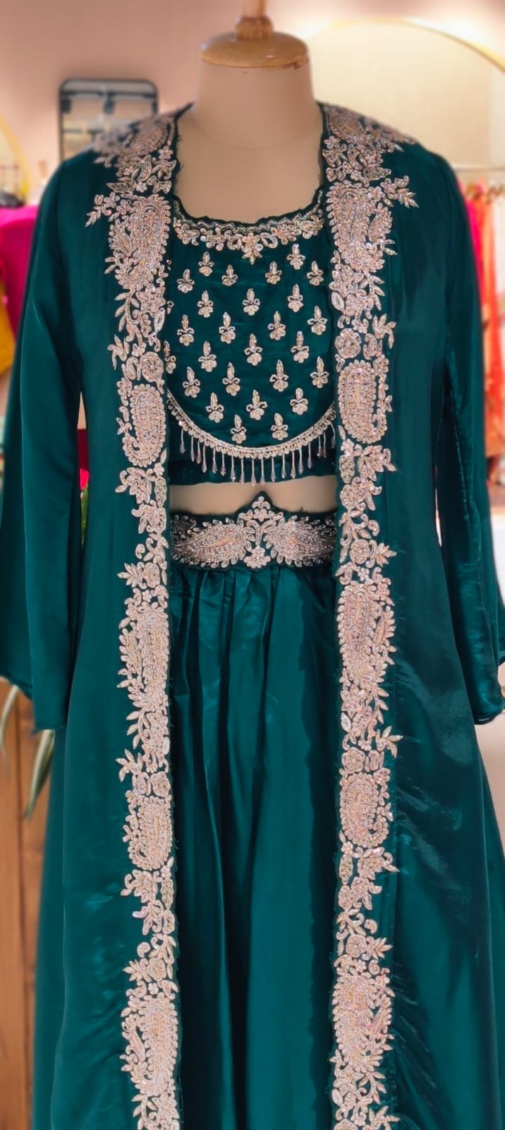 Very Festive Hand Embellished Heavy Work Buster With Shrug & Flowy Drape Skirt- 13383