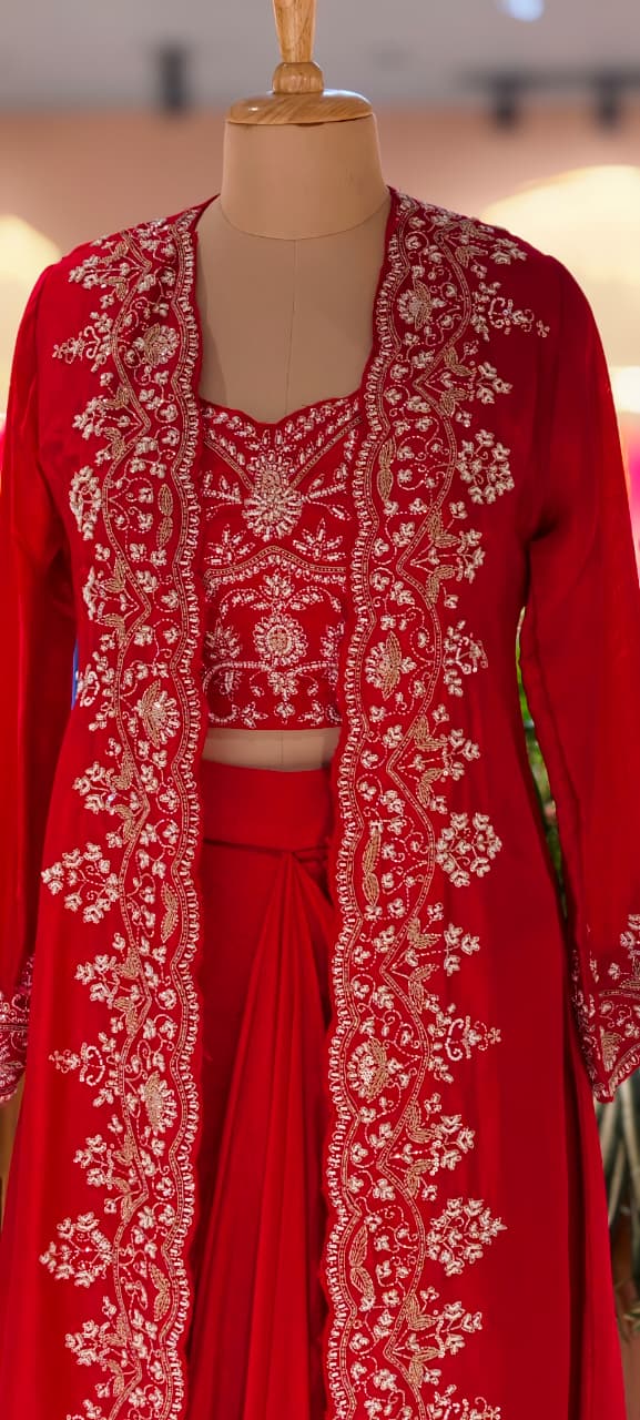 Vibrant Zariya Floral Hand Embroidered Buster With Long Shrug & Flowy Drape Skirt