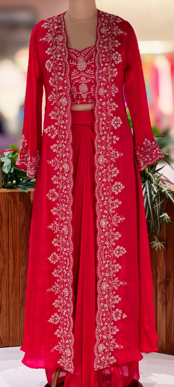 Vibrant Zariya Floral Hand Embroidered Buster With Long Shrug & Flowy Drape Skirt