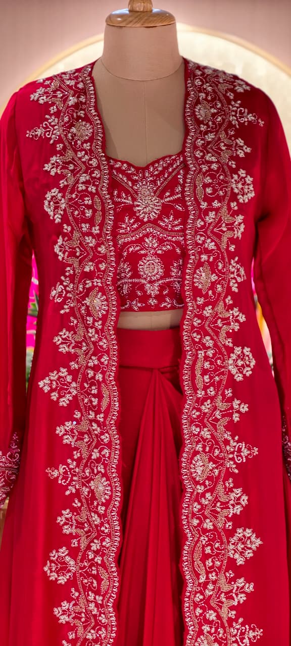 Vibrant Zariya Floral Hand Embroidered Buster With Long Shrug & Flowy Drape Skirt