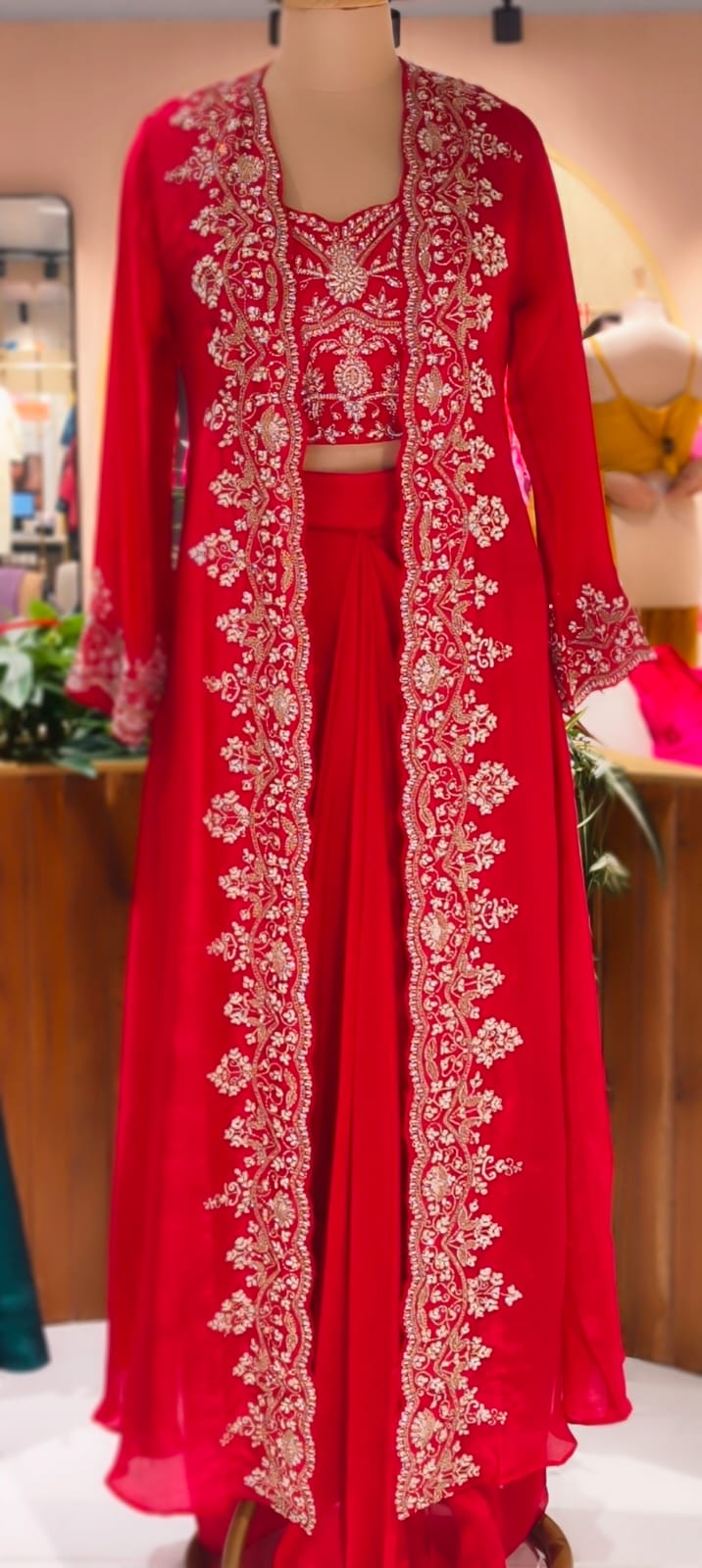 Vibrant Zariya Floral Hand Embroidered Buster With Long Shrug & Flowy Drape Skirt