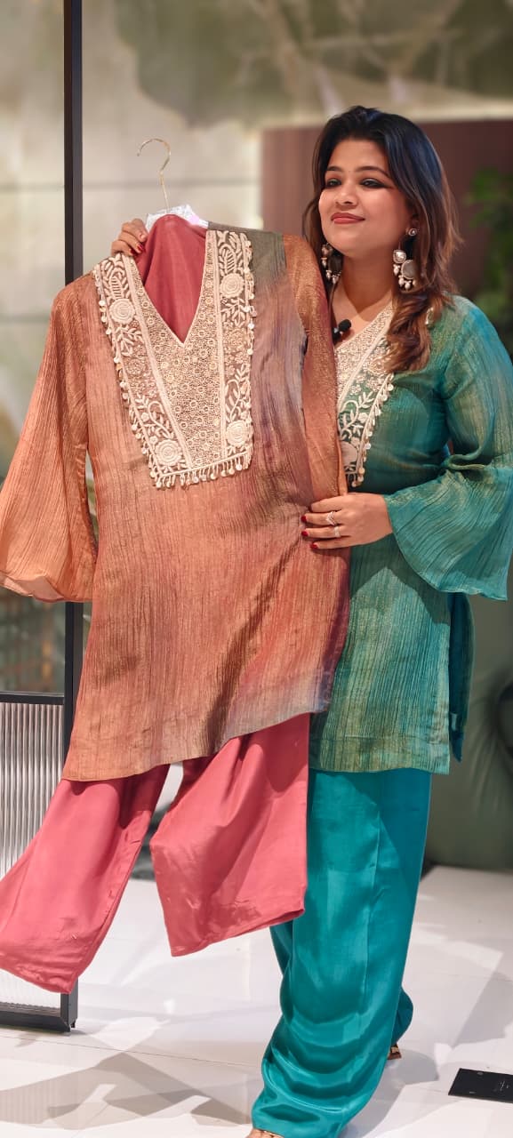 Dual Tone Shiny Premium Crush Tissue Embroidered Tasseled Yoke Matching Kurta Pant Set- 13386