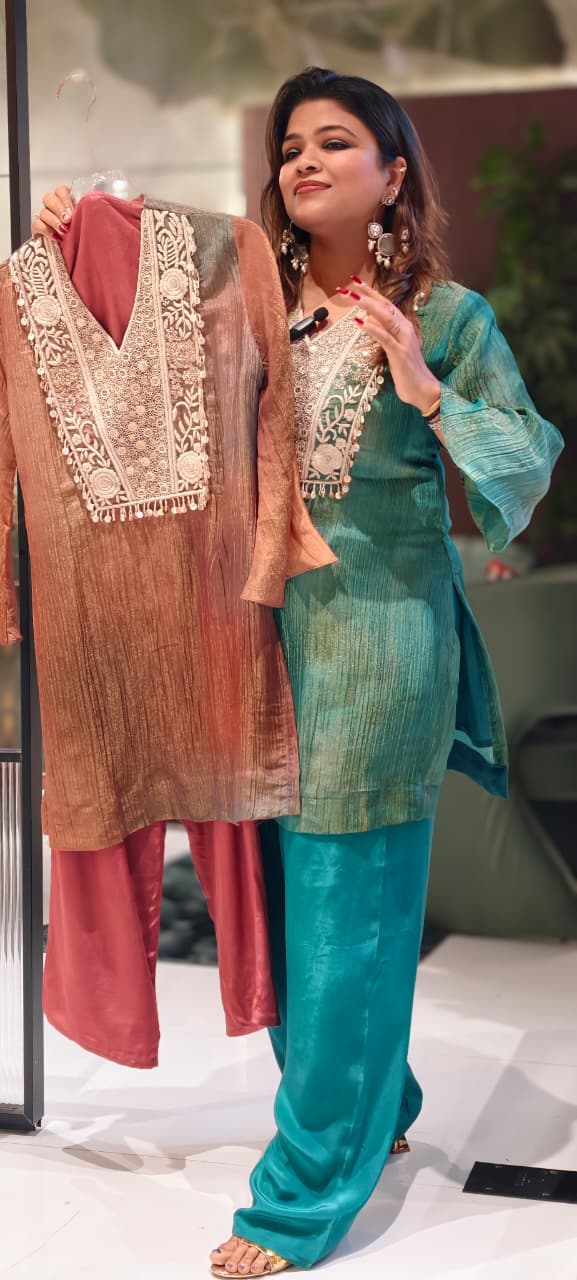 Dual Tone Shiny Premium Crush Tissue Embroidered Tasseled Yoke Matching Kurta Pant Set- 13386