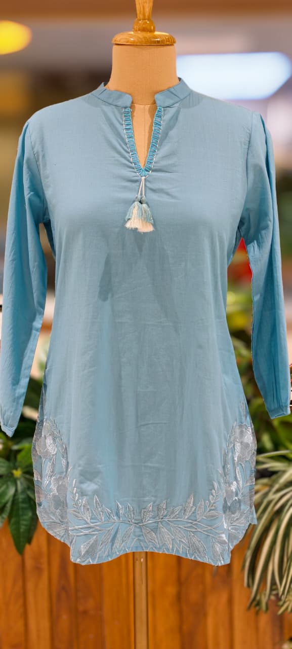 Serene Embroidered Mist Bloom Casual Wear Cotton Short Kurti Only- 13453