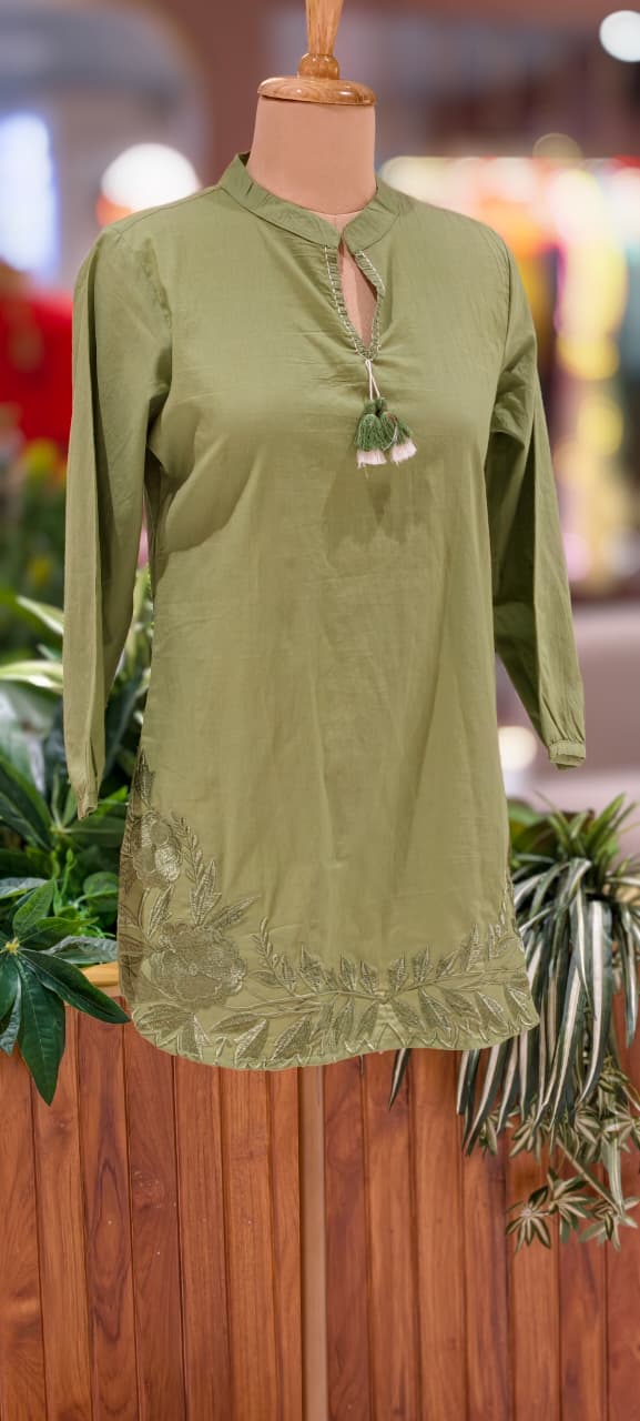 Serene Embroidered Mist Bloom Casual Wear Cotton Short Kurti Only- 13453