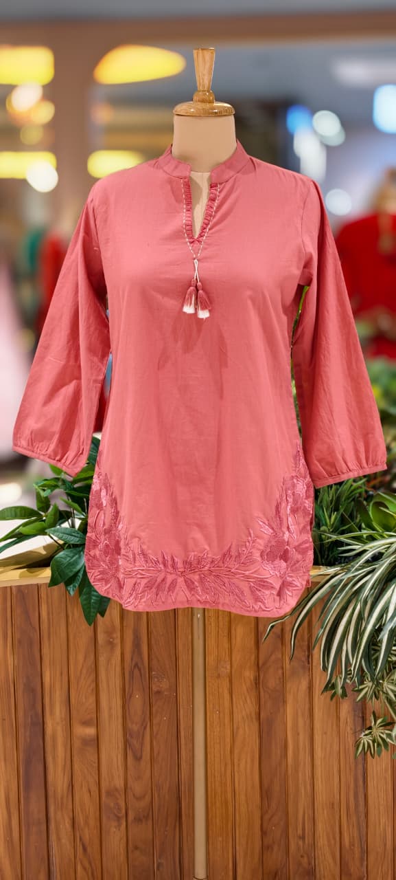 Serene Embroidered Mist Bloom Casual Wear Cotton Short Kurti Only- 13453