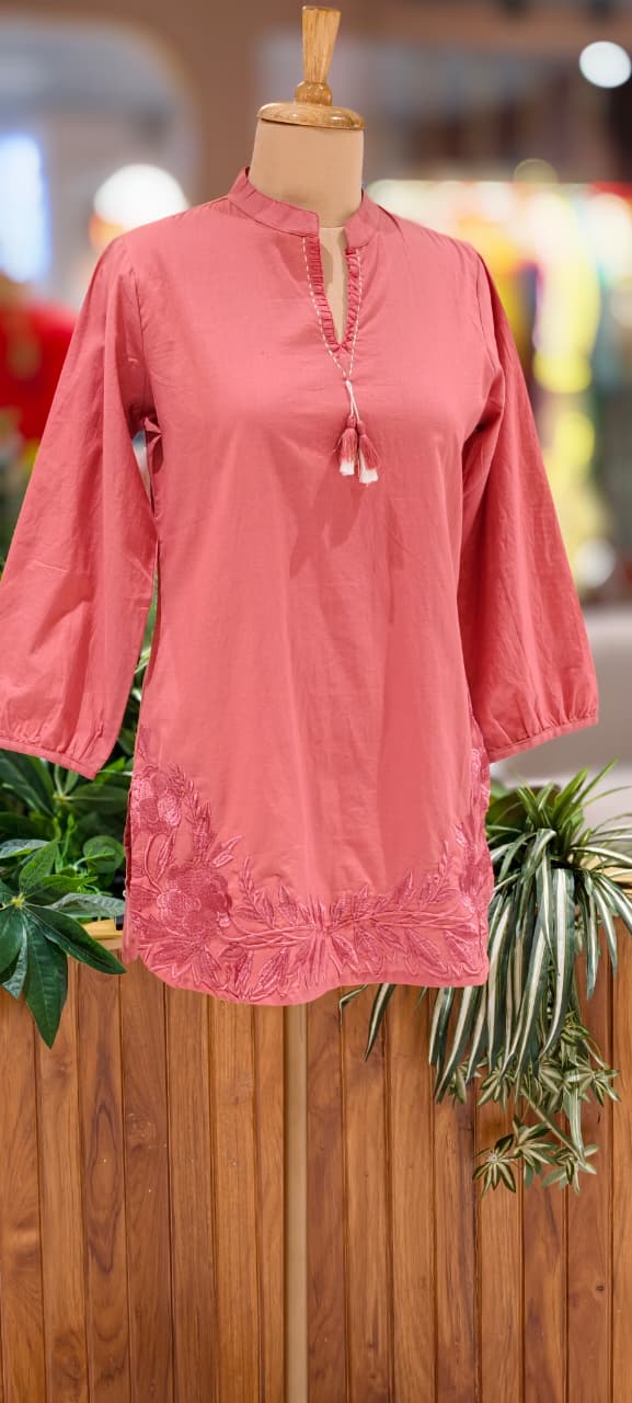 Serene Embroidered Mist Bloom Casual Wear Cotton Short Kurti Only- 13453