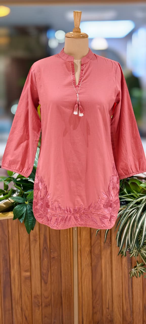 Serene Embroidered Mist Bloom Casual Wear Cotton Short Kurti Only- 13453