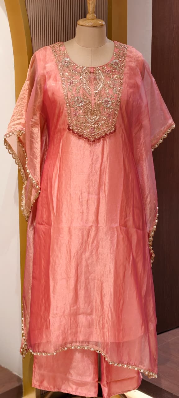 Zariya Luxury Premium Tissue Heavily Hand Worked Kaftan With Bottom- 13471