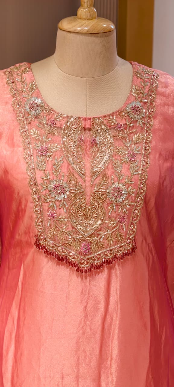 Zariya Luxury Premium Tissue Heavily Hand Worked Kaftan With Bottom- 13471