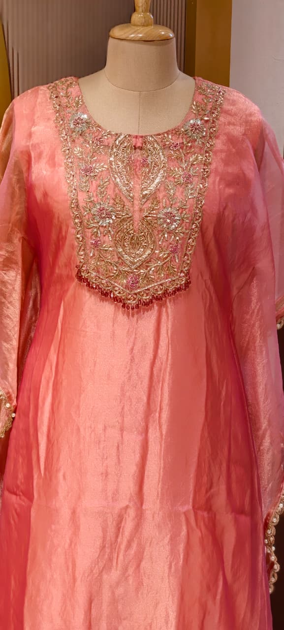 Zariya Luxury Premium Tissue Heavily Hand Worked Kaftan With Bottom- 13471