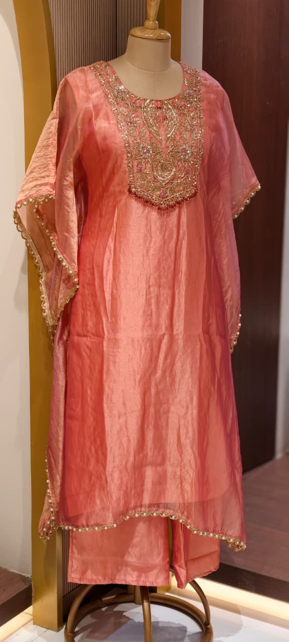 Zariya Luxury Premium Tissue Heavily Hand Worked Kaftan With Bottom- 13471