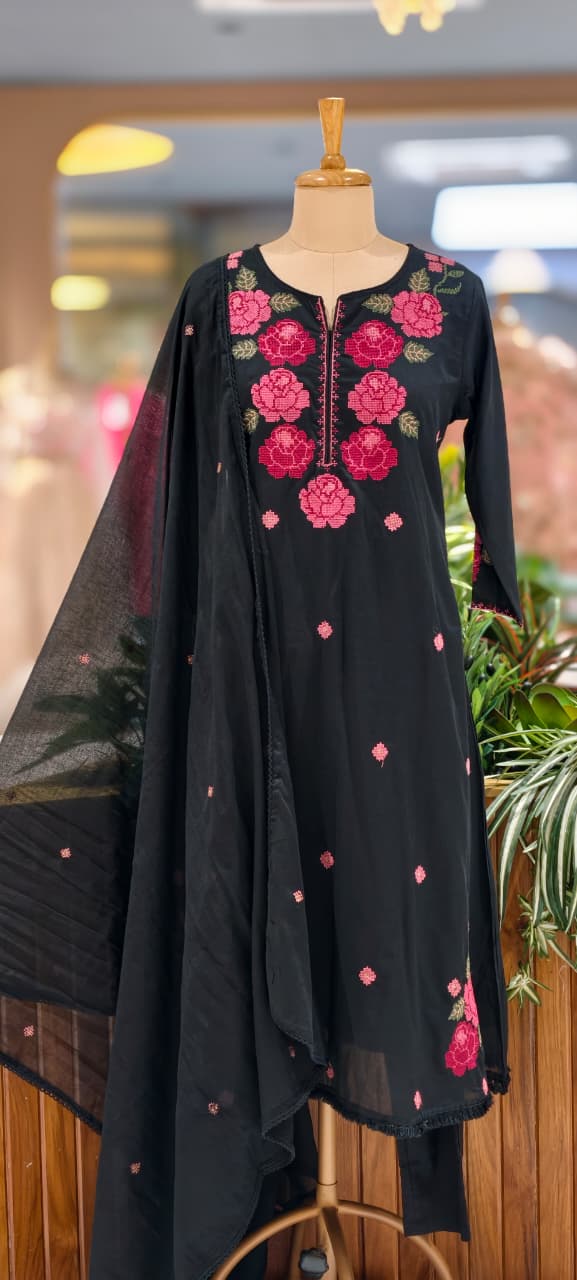 Cross Stitch Flora Embroidery A-Line Full Suit Set With Dupatta In Cotton Fabric- 13407