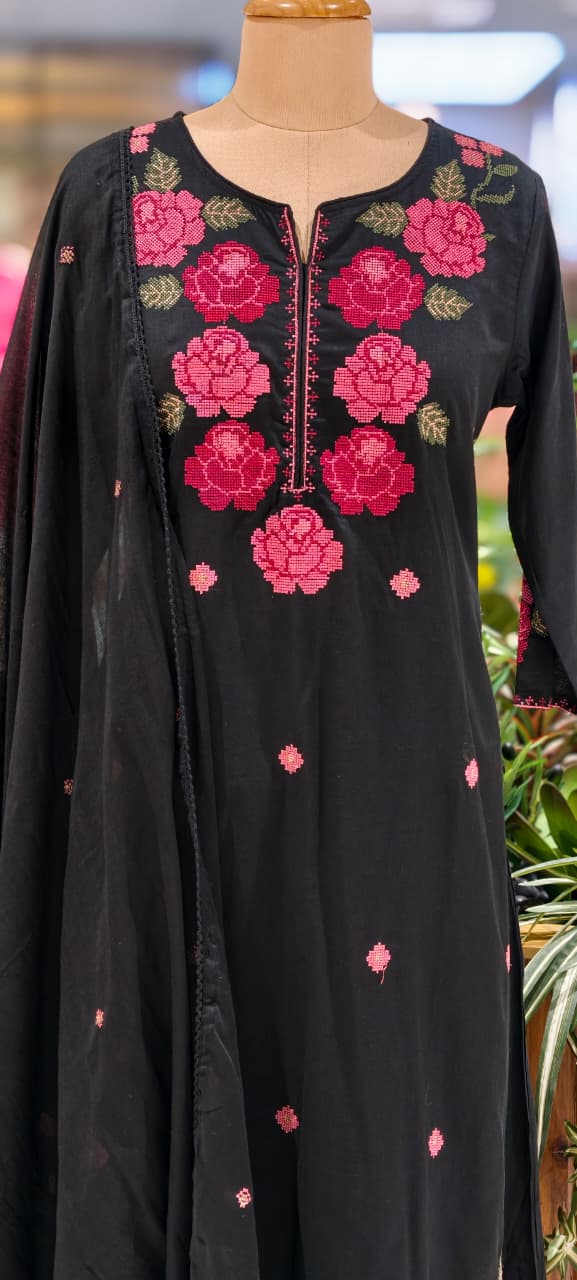 Cross Stitch Flora Embroidery A-Line Full Suit Set With Dupatta In Cotton Fabric- 13407