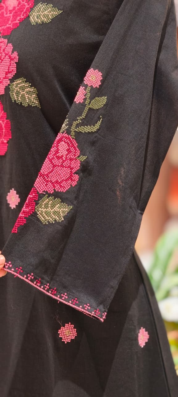 Cross Stitch Flora Embroidery A-Line Full Suit Set With Dupatta In Cotton Fabric- 13407