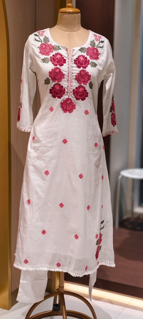 Cross Stitch Flora Embroidery A-Line Full Suit Set With Dupatta In Cotton Fabric- 13407