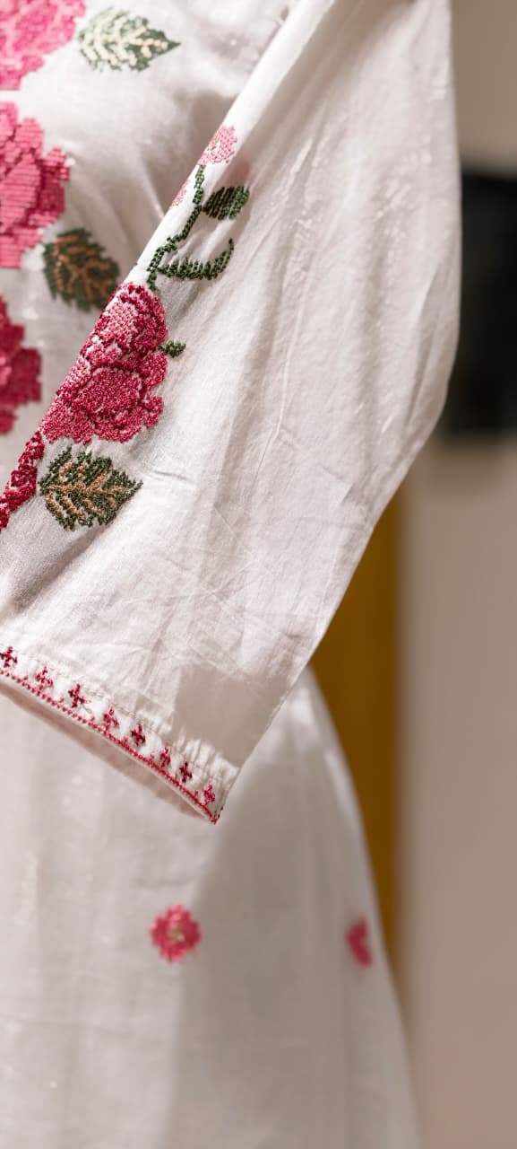 Cross Stitch Flora Embroidery A-Line Full Suit Set With Dupatta In Cotton Fabric- 13407