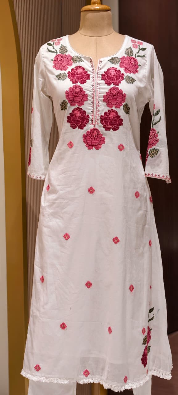 Cross Stitch Flora Embroidery A-Line Full Suit Set With Dupatta In Cotton Fabric- 13407