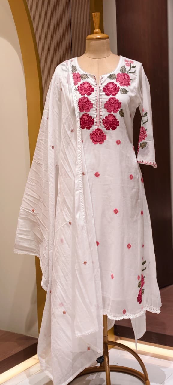 Cross Stitch Flora Embroidery A-Line Full Suit Set With Dupatta In Cotton Fabric- 13407