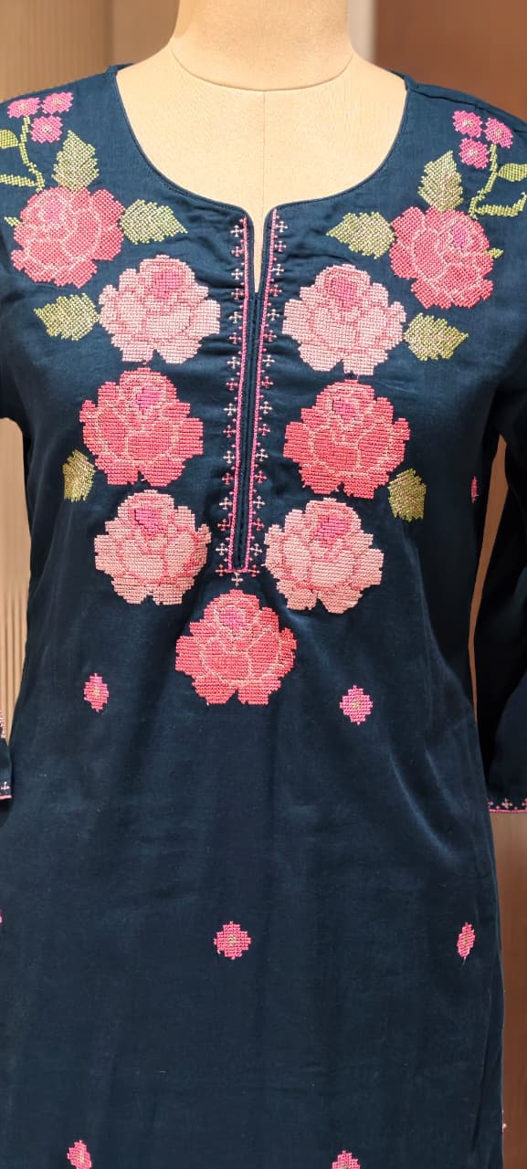 Cross Stitch Flora Embroidery A-Line Full Suit Set With Dupatta In Cotton Fabric- 13407