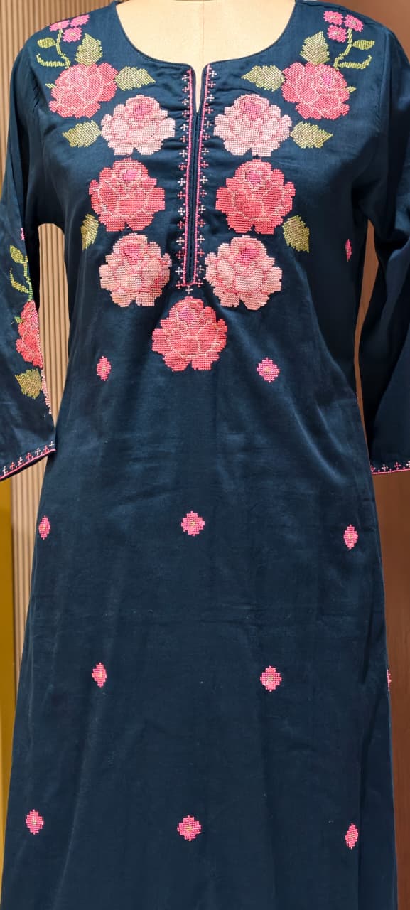 Cross Stitch Flora Embroidery A-Line Full Suit Set With Dupatta In Cotton Fabric- 13407