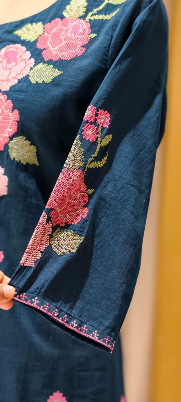 Cross Stitch Flora Embroidery A-Line Full Suit Set With Dupatta In Cotton Fabric- 13407