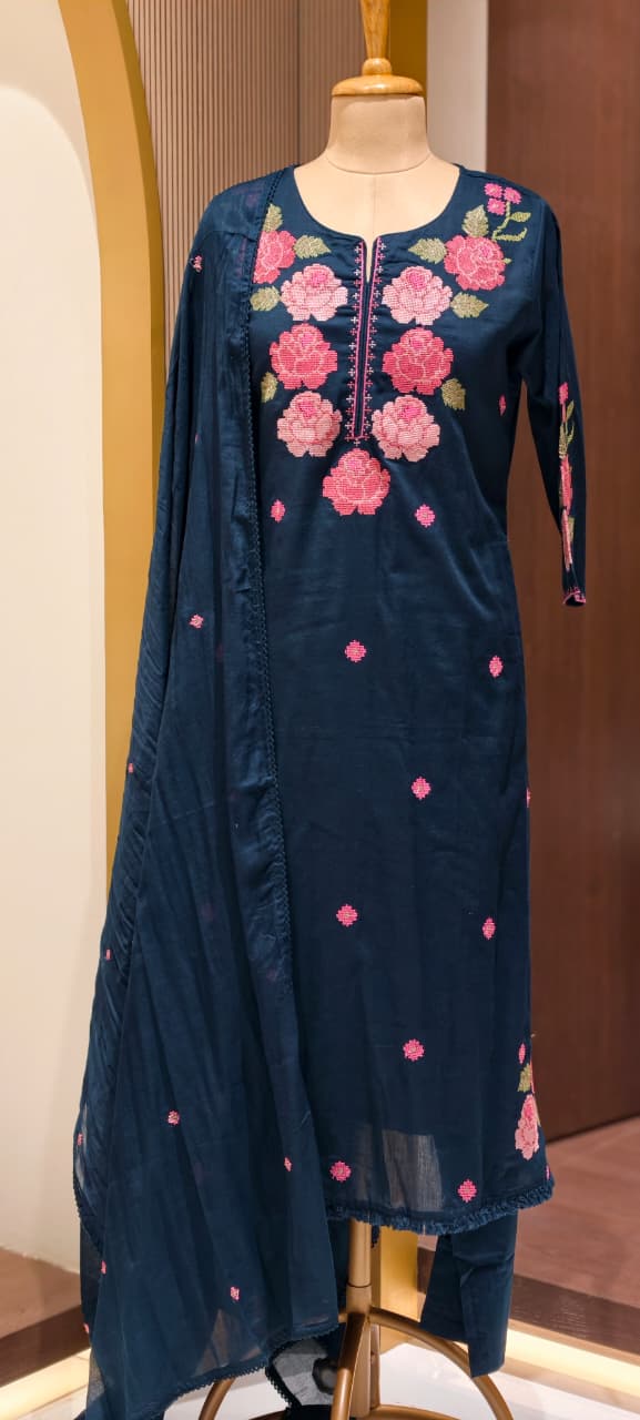 Cross Stitch Flora Embroidery A-Line Full Suit Set With Dupatta In Cotton Fabric- 13407