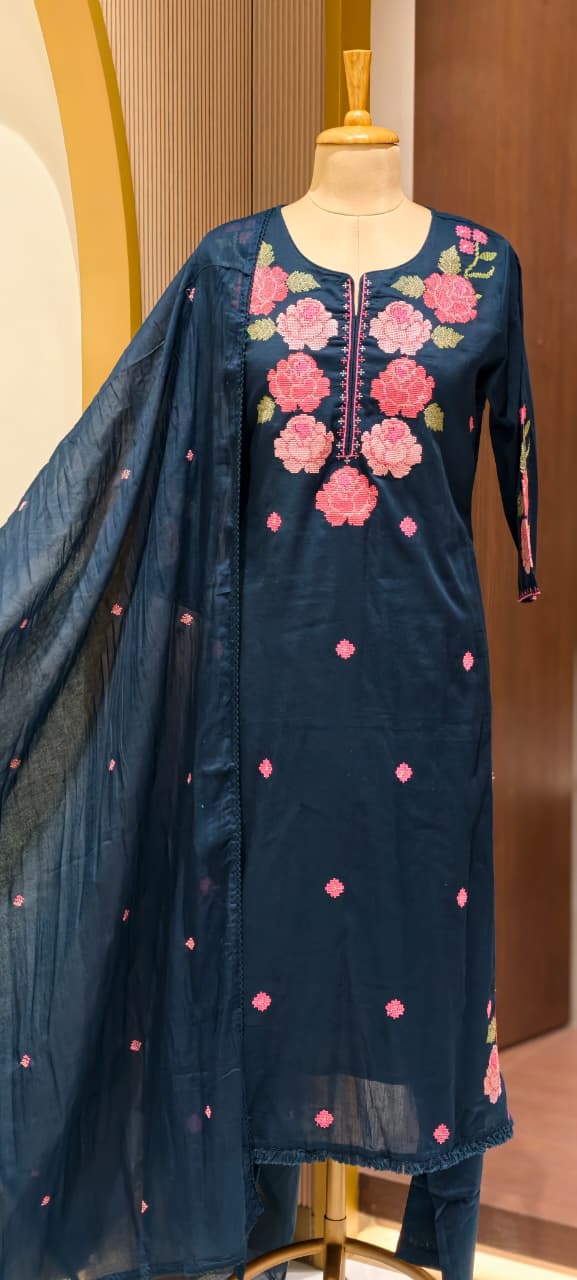 Cross Stitch Flora Embroidery A-Line Full Suit Set With Dupatta In Cotton Fabric- 13407
