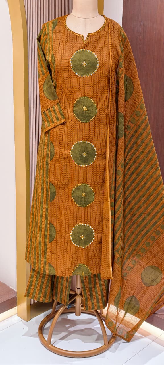 Rounded Work Foil Mirror Highlight Twin Color A-Line Full Suit Set With Dupatta In Cotton Fabric- 13404