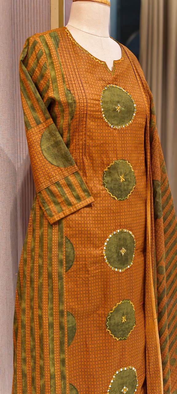 Rounded Work Foil Mirror Highlight Twin Color A-Line Full Suit Set With Dupatta In Cotton Fabric- 13404