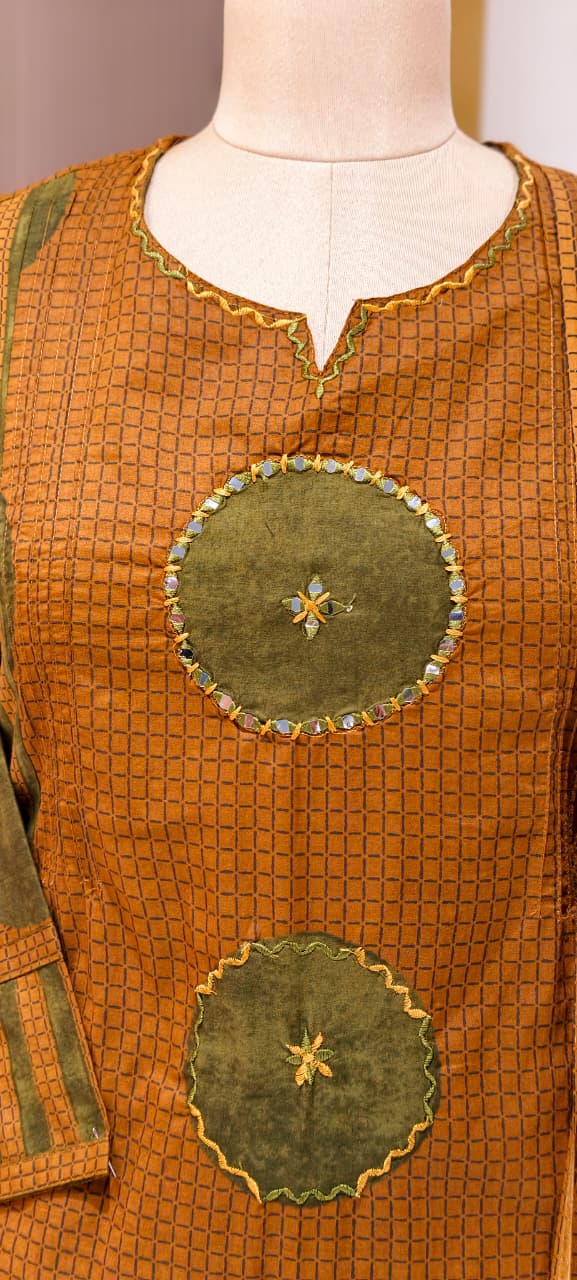 Rounded Work Foil Mirror Highlight Twin Color A-Line Full Suit Set With Dupatta In Cotton Fabric- 13404