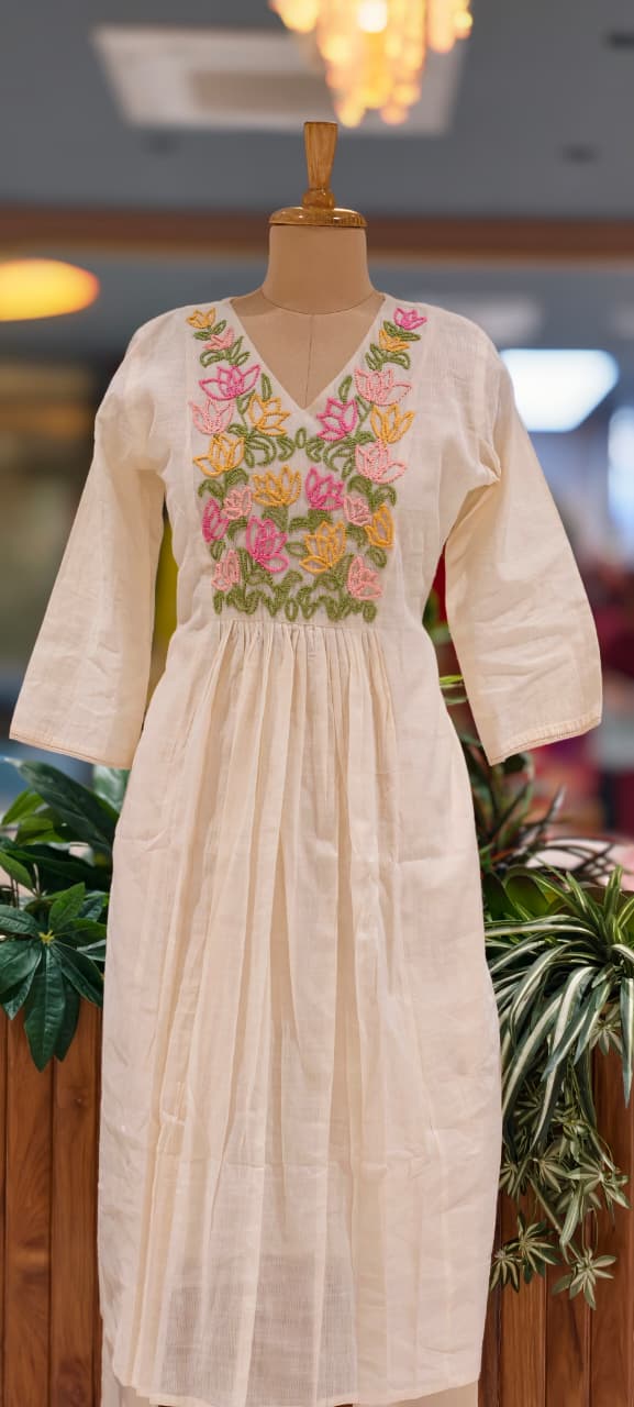 Katha Embroidery Yoke A-Line Full Suit Set With Floral Printed Dupatta- 13413