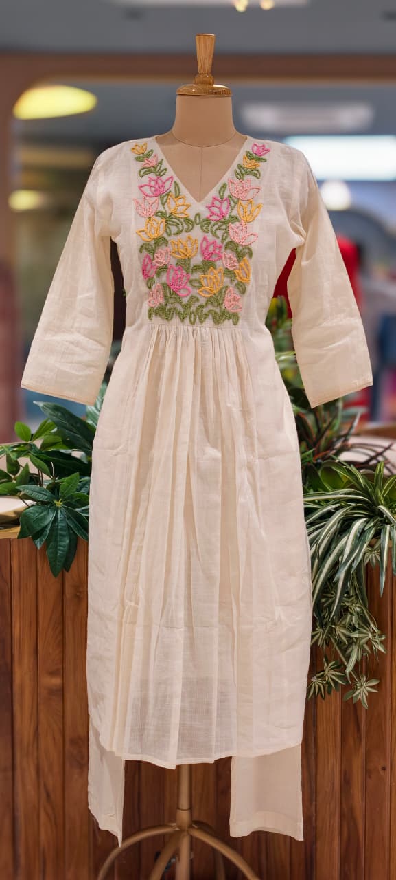 Katha Embroidery Yoke A-Line Full Suit Set With Floral Printed Dupatta- 13413