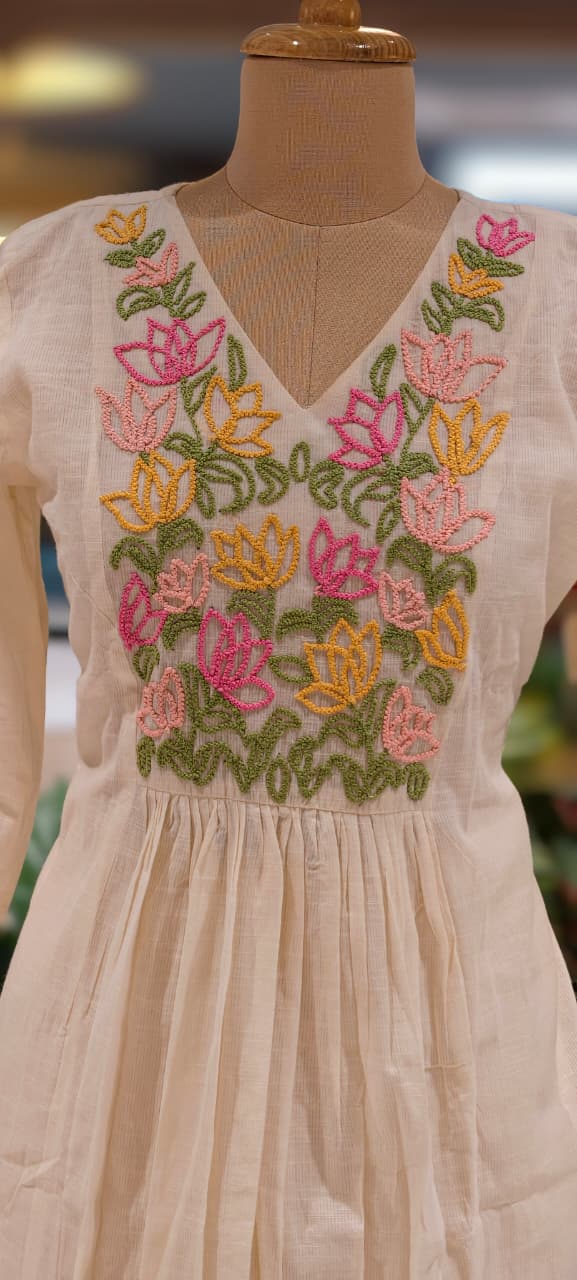 Katha Embroidery Yoke A-Line Full Suit Set With Floral Printed Dupatta- 13413