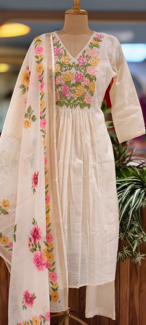 Katha Embroidery Yoke A-Line Full Suit Set With Floral Printed Dupatta- 13413