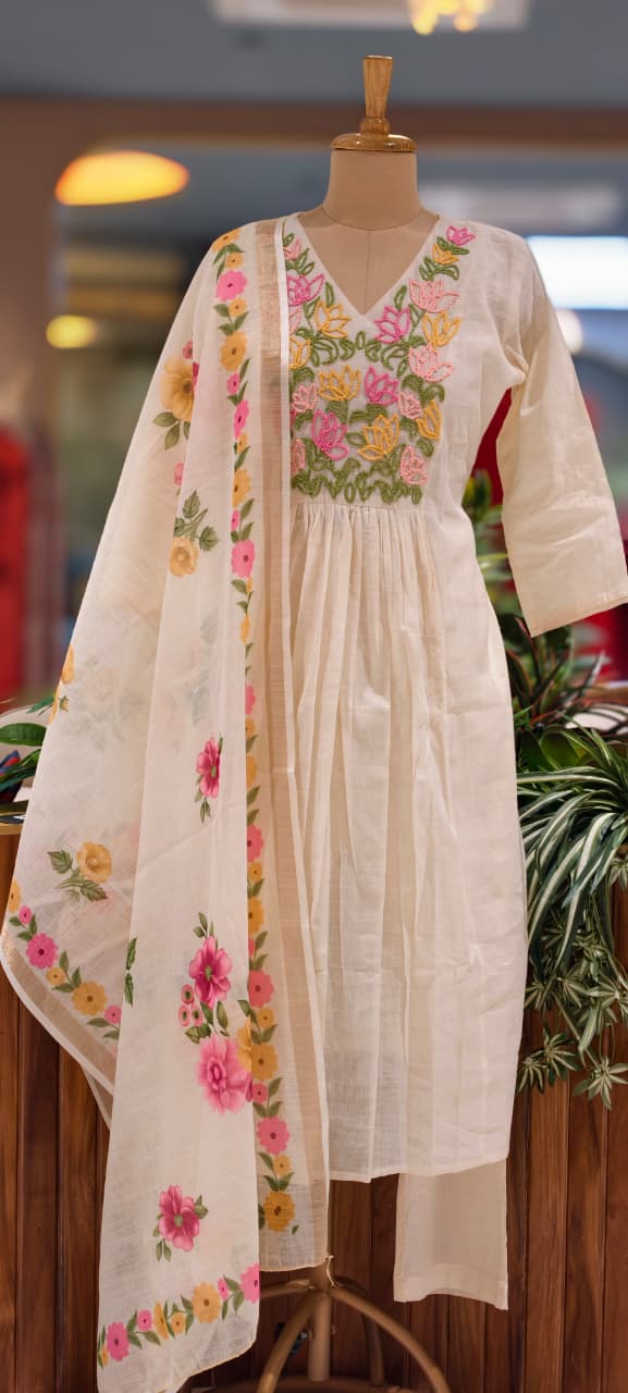 Katha Embroidery Yoke A-Line Full Suit Set With Floral Printed Dupatta- 13413