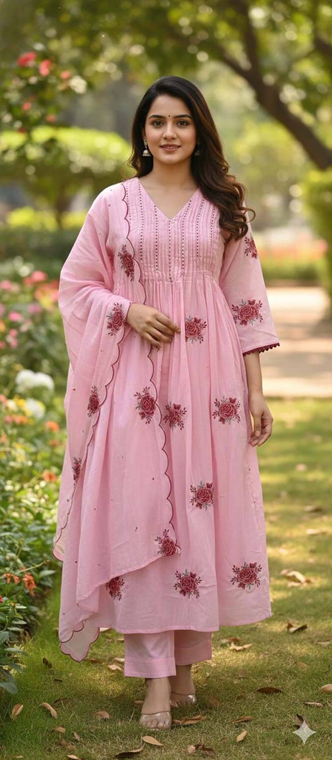 Very Suttle Floral Embroidery Pleated A-Line Full Suit Set With Dupatta In Mul Cotton Fabric- 13478