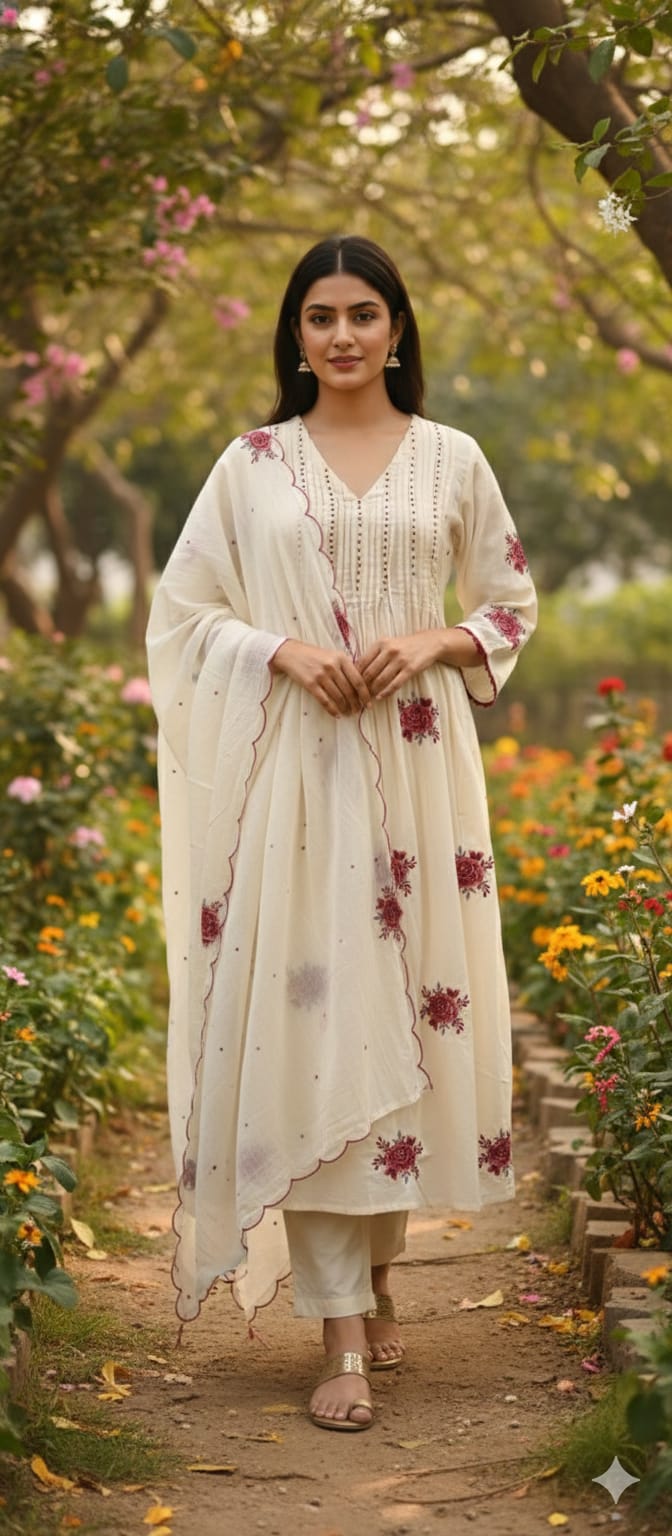 Very Suttle Floral Embroidery Pleated A-Line Full Suit Set With Dupatta In Mul Cotton Fabric- 13478