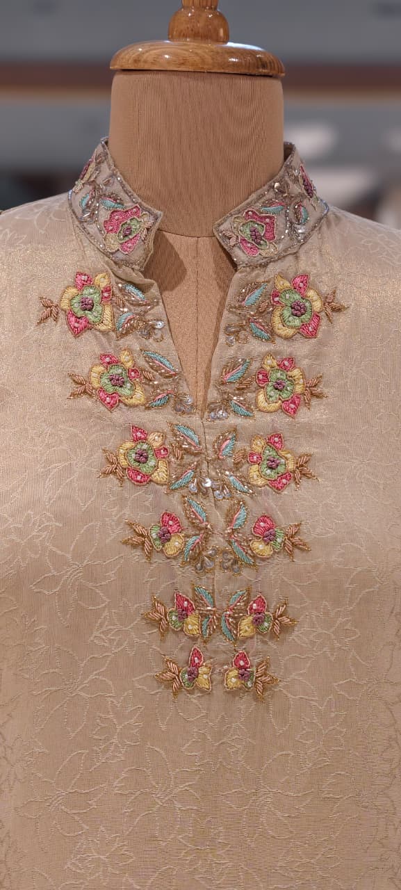 Ivory Meadow Floral Fusion Short Length Kurta With Panel Palazzo Bottom & Dupatta In Tissue Fabric- 13503