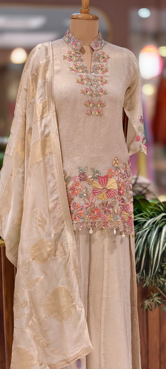 Ivory Meadow Floral Fusion Short Length Kurta With Panel Palazzo Bottom & Dupatta In Tissue Fabric- 13503
