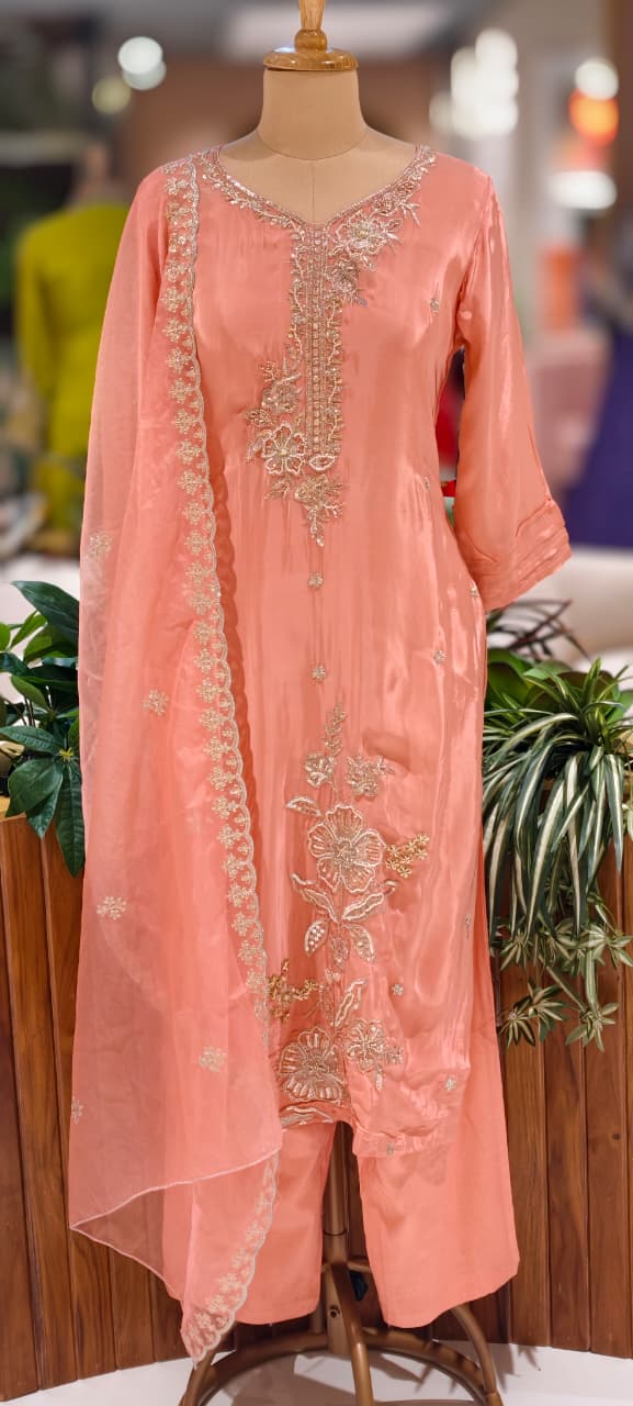 Elegant Pearl Embroidery Pastel Full Suit Set With Dupatta In Crepe Fabric-13498
