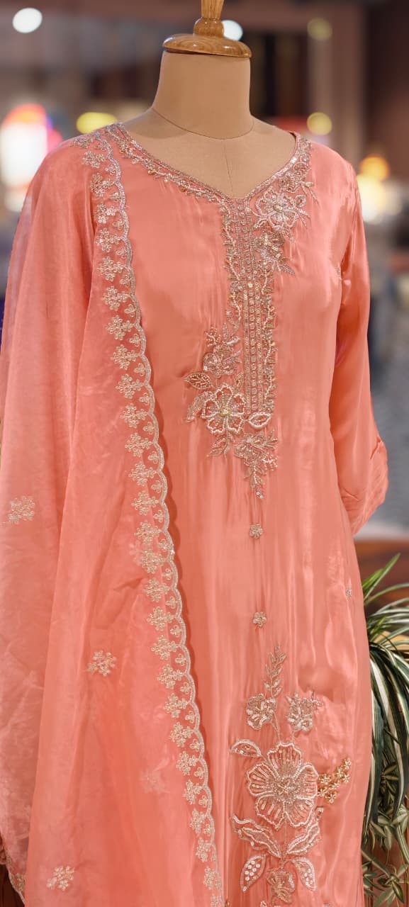 Elegant Pearl Embroidery Pastel Full Suit Set With Dupatta In Crepe Fabric-13498