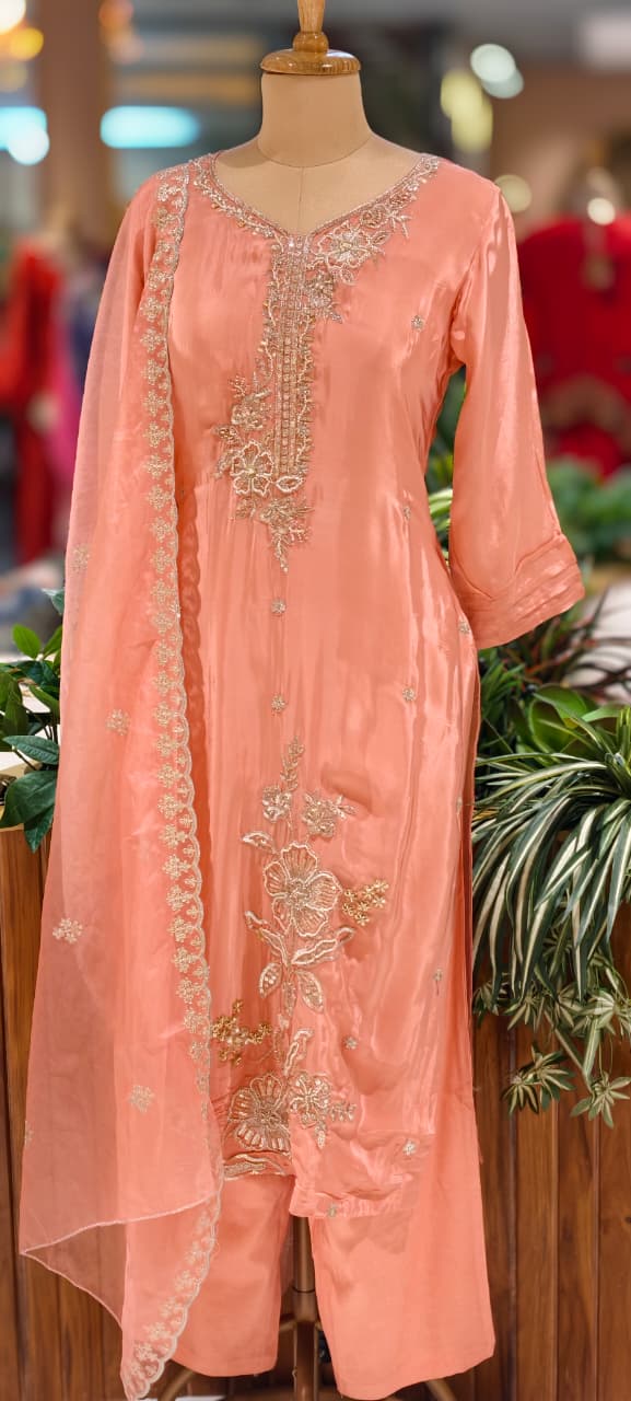 Elegant Pearl Embroidery Pastel Full Suit Set With Dupatta In Crepe Fabric-13498
