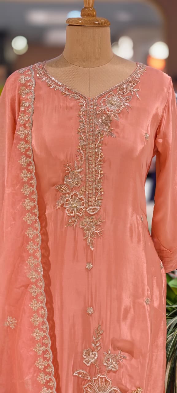 Elegant Pearl Embroidery Pastel Full Suit Set With Dupatta In Crepe Fabric-13498