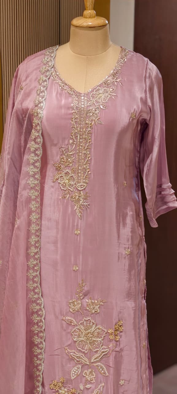 Elegant Pearl Embroidery Pastel Full Suit Set With Dupatta In Crepe Fabric-13498