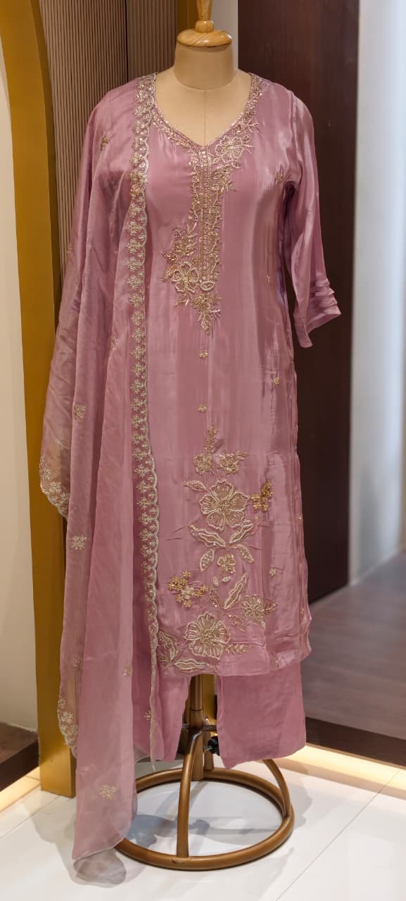 Elegant Pearl Embroidery Pastel Full Suit Set With Dupatta In Crepe Fabric-13498