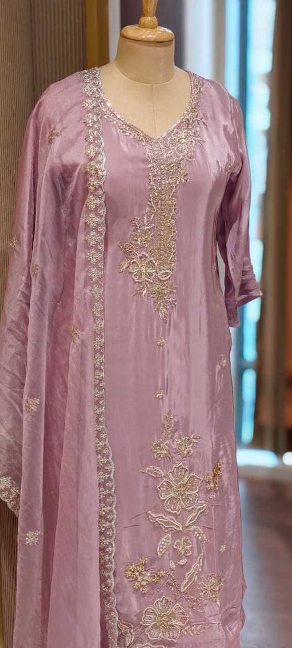 Elegant Pearl Embroidery Pastel Full Suit Set With Dupatta In Crepe Fabric-13498